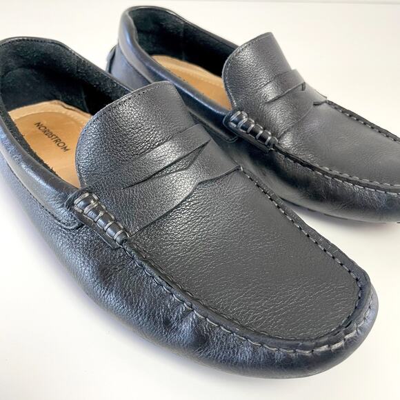 Nordstrom Leather Driving Penny Loafers Mens sz 8 Black Moccasins Mocs Old Money